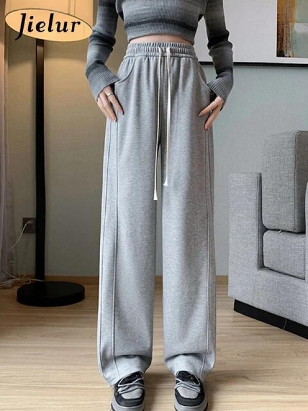 Jielur New White Sport Women's Pants Solid Color High Waist Loose Straight Casual Female Wide Leg Pants Black Light Grey Pants
