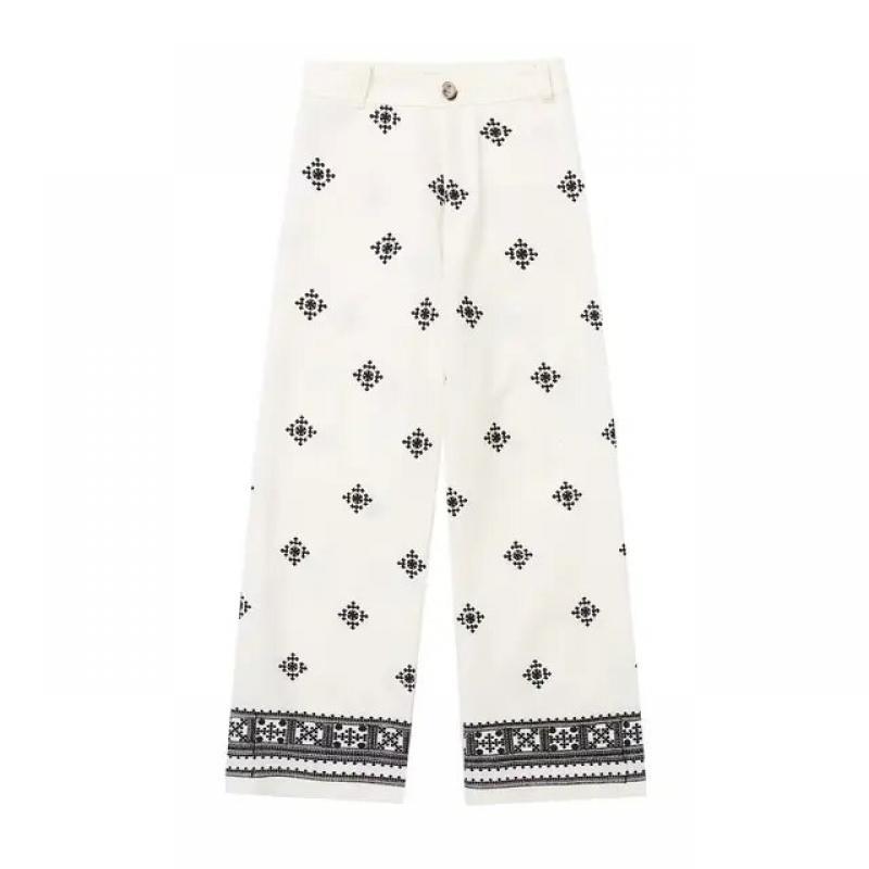 KEYANKETIAN Women Vintage  Embroidery Casual Linen Wide Leg Pants Female Chic High Waist Zipper Pantalone Ankle Length Trousers