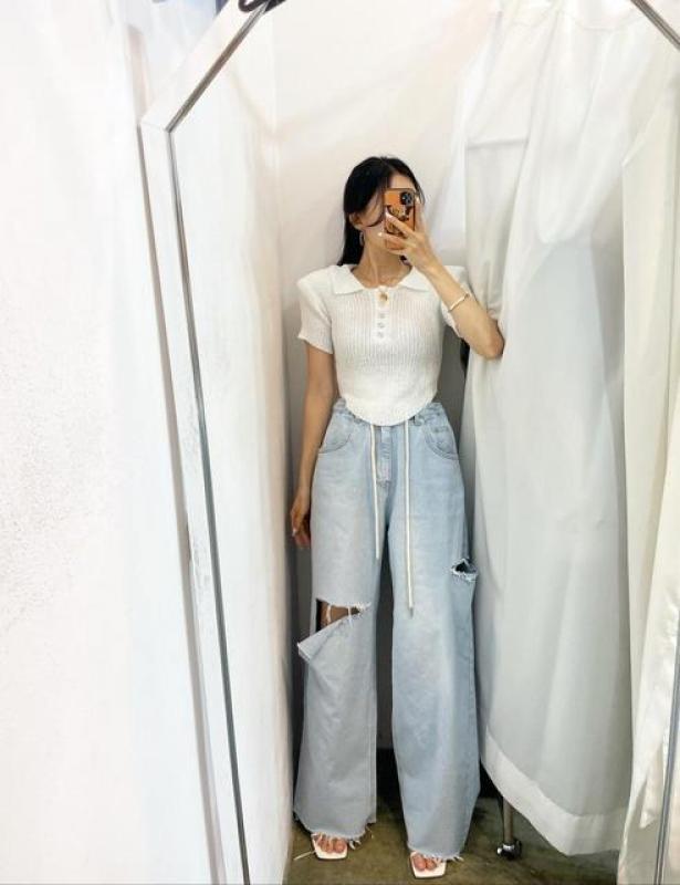 Drawstring Pierced High Waist Jeans Women's Spring Summer Hole Straight Loose 2023 New Fashion Casual Thin Wide Leg Long Pants