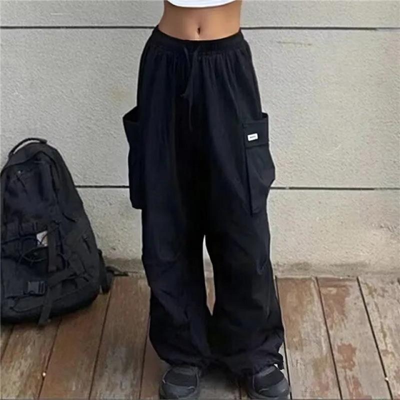 Women New Y2k Cargo Pants Casual Harajuku Low Waist Sweatpant Solid Drawstring Parachute Trousers Oversized Pants Jogger