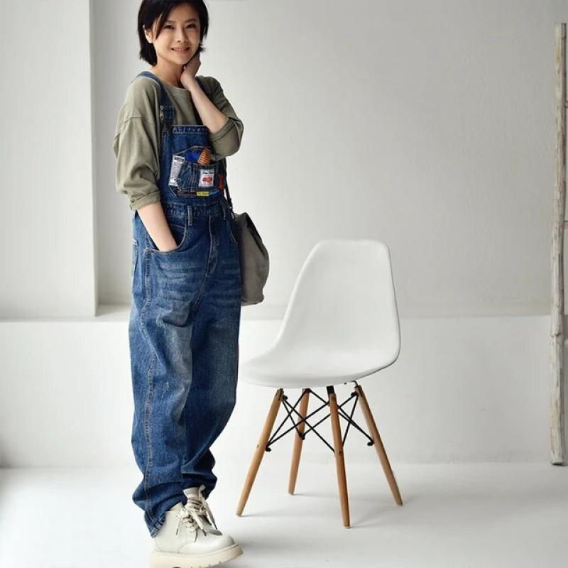 MICOCO N7123 Korean version fashion personality  boyfriend  Color-taped loose straight leg denim overalls