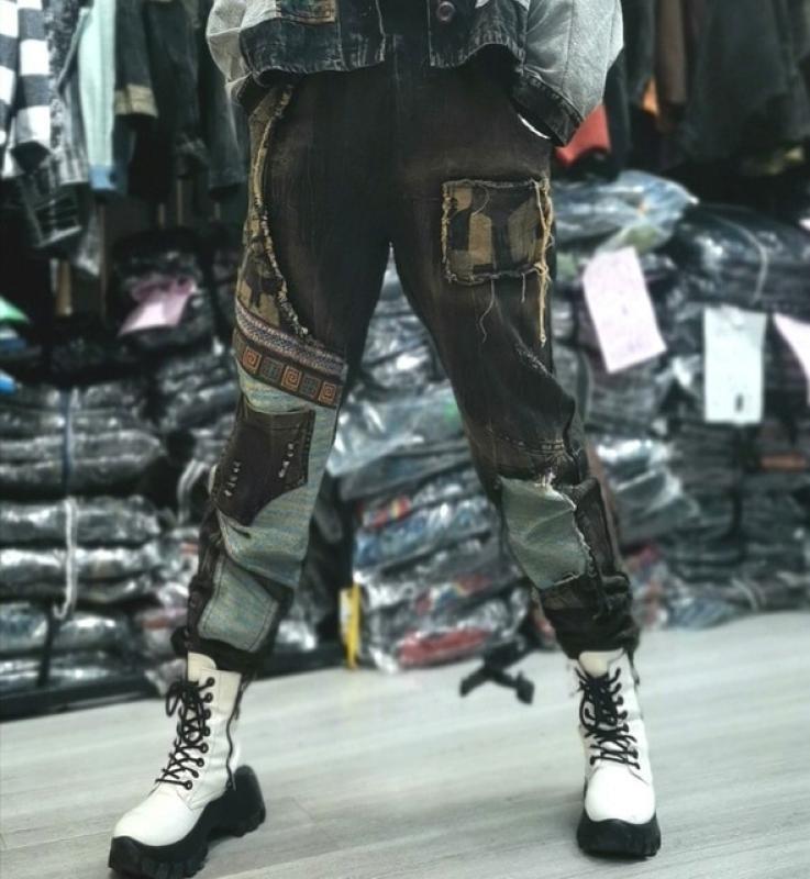 LYUZHE 2023 Spring Autumn Fashion Color Contrast Stitch Embroidery Pants Patch Raw Edge Pocket Design Trend Harem Jeans LWL785