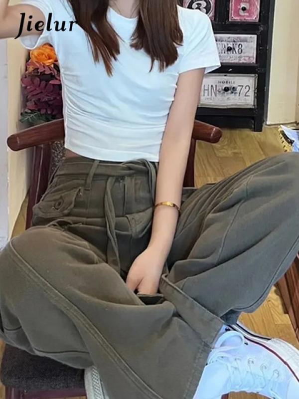 Jielur Fashion Loose Vintage Women Cargo Pants Straight High Waist Solid Color Chic Buttons Lace-up Female Pants American Style