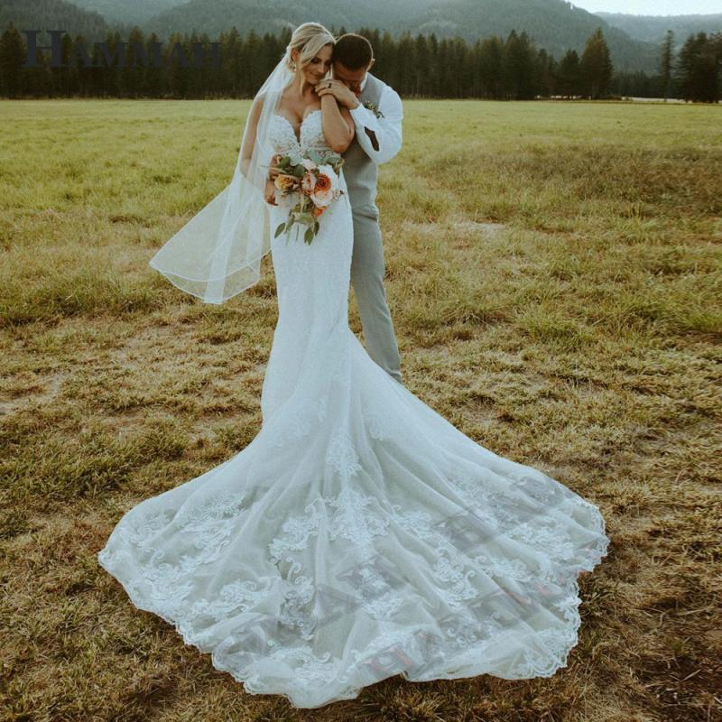 HAMMAH Wedding Dresses For Bride V Neck Mermaid Royal Train Appliques Spaghetti Strap Sleeveless With Button Custom Made