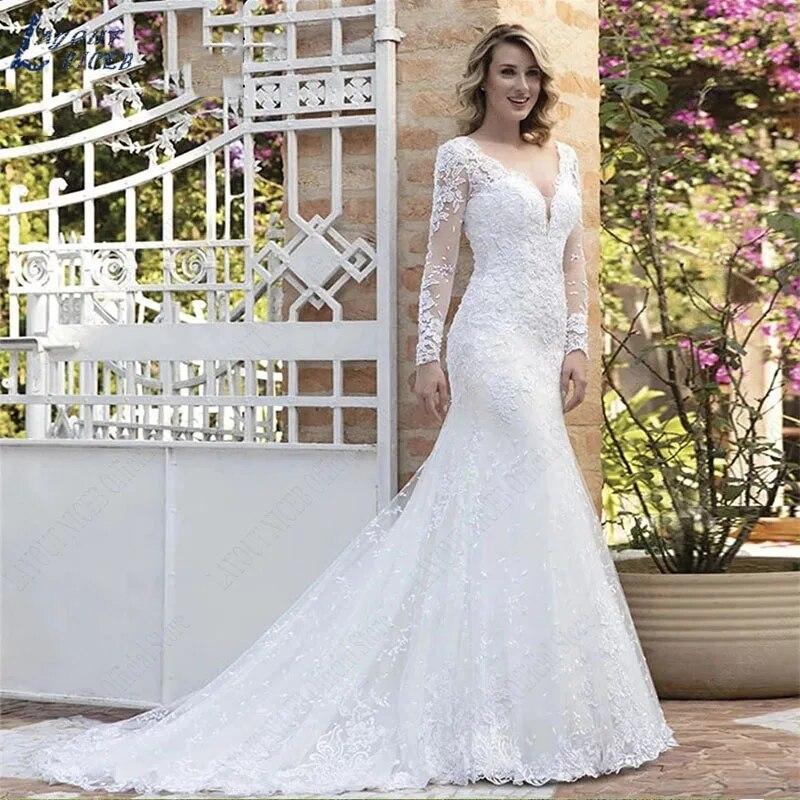 V Neck Wedding Dresses Mermaid Appliques Long Sleeves Bridal Dress Vestidos De Noiva Mariage Custom Made Vintage