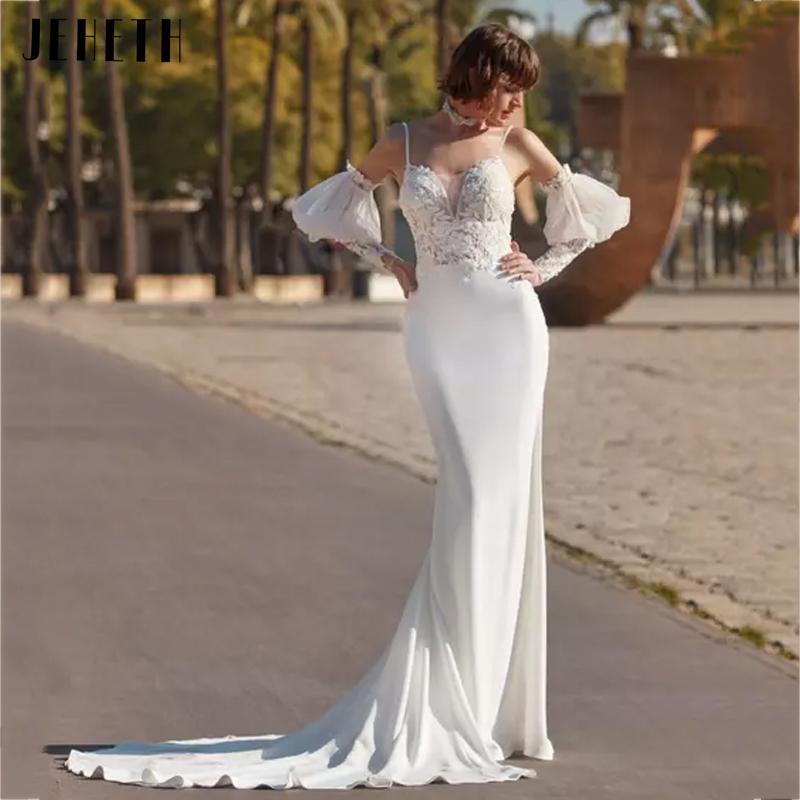 JEHETH Sexy Mermaid Wedding Dress Delicate Applique Detachable Lantern Sleeve Bridal Gown Elegant Spaghetti Strap Robe De Mariée