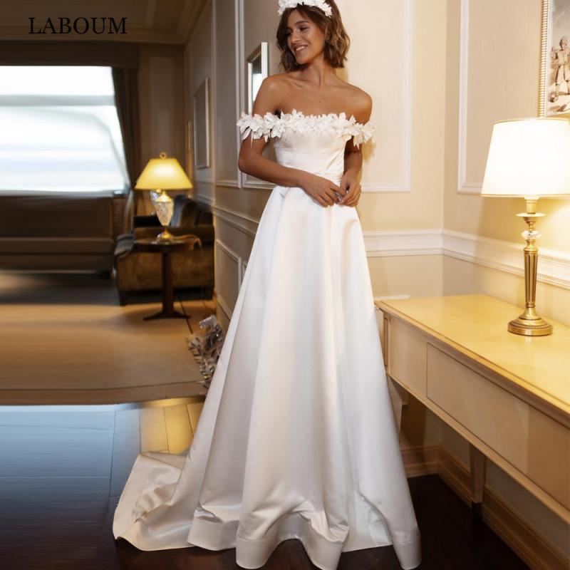 LaBoum Off The Shoulder Wedding Dresses for Women Boat Neck Flowers Modern Bridal Gowns Robe Mariage Femme Open Back Custom Made