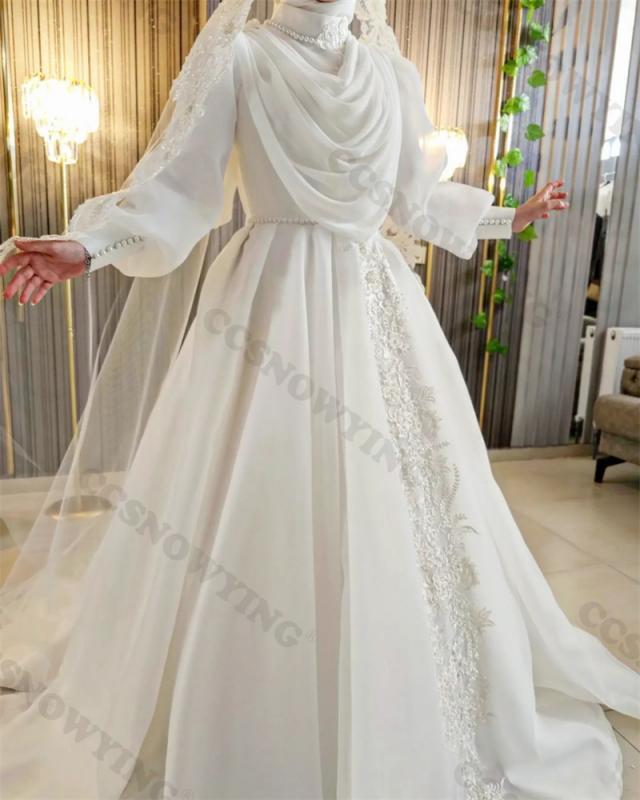 Full Sleeve High Neck Muslim Wedding Dress for Bride Arabic Dubai Organza Appliques Islamic Hijab Bride Gown Robe De Mariage