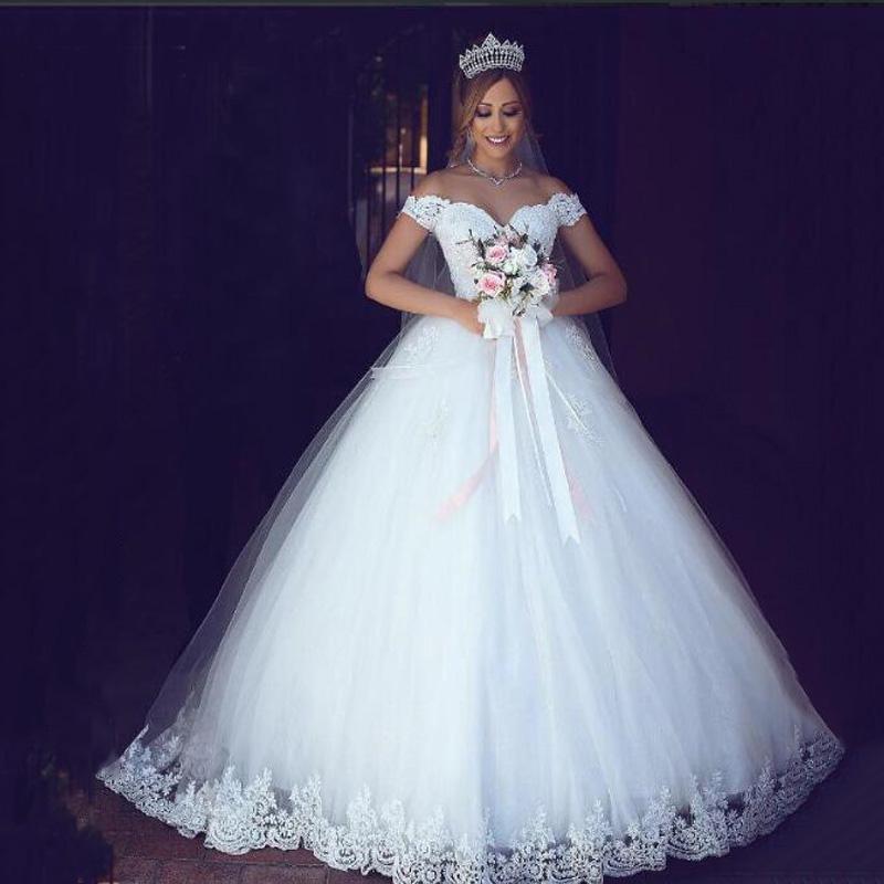 ZJ9143 2023 White Ivory Lace Appliques Ball Gown Cheap Off The Shoulder Short Sleeves Bridal Dress Wedding Dresses