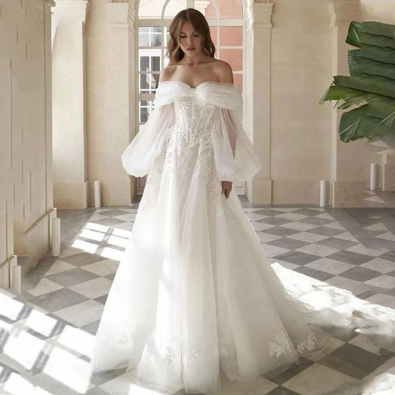 Off The Shoulder Princess Boho Wedding Dress Puff Sleeve Lace Appliques Bride Dress Customize To measure Robe De Mariee Stunning