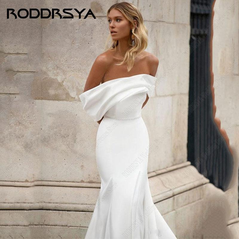 RODDRSYA Elegant Off the Shoulder Mermaid Wedding Dress Simple Strapless Big Bow Bride Party Romantic Pleats Zipper Bridal Gown