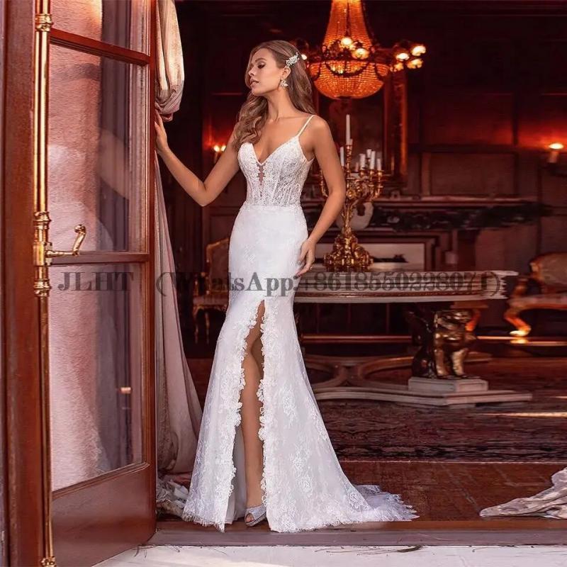 Sexy Spaghetti Straps V Neck Tulle Mermaid Wedding Dresses Bohemian Side Split Lace Backless Bridal Gowns robe de mariée