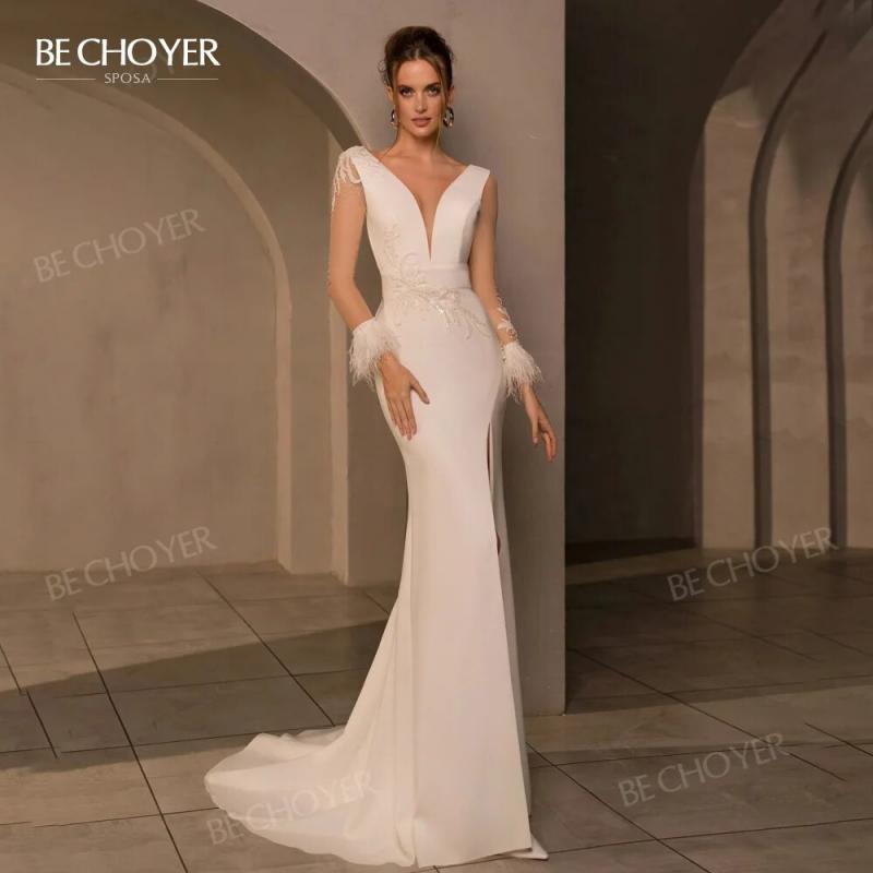 Wedding Dress V-neck Long Sleeve Mermaid Feathers Satin Bride Gown 2023 Train Princess BECHOYER HB71 Plus Size Vestido de Noiva