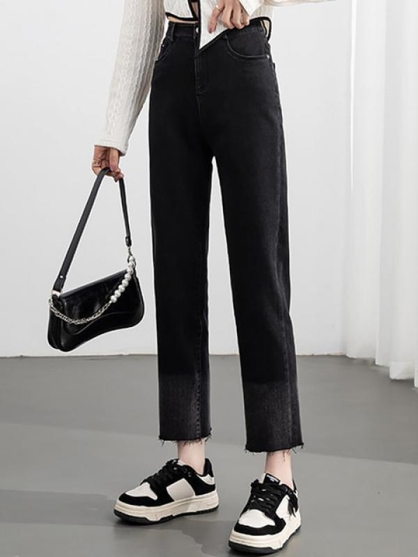 Gradient Shadow Shows Skinny Women 2023 Spring Contrast Raw Edge Cropped  Straight Pipe Pants  High Waisted Jeans
