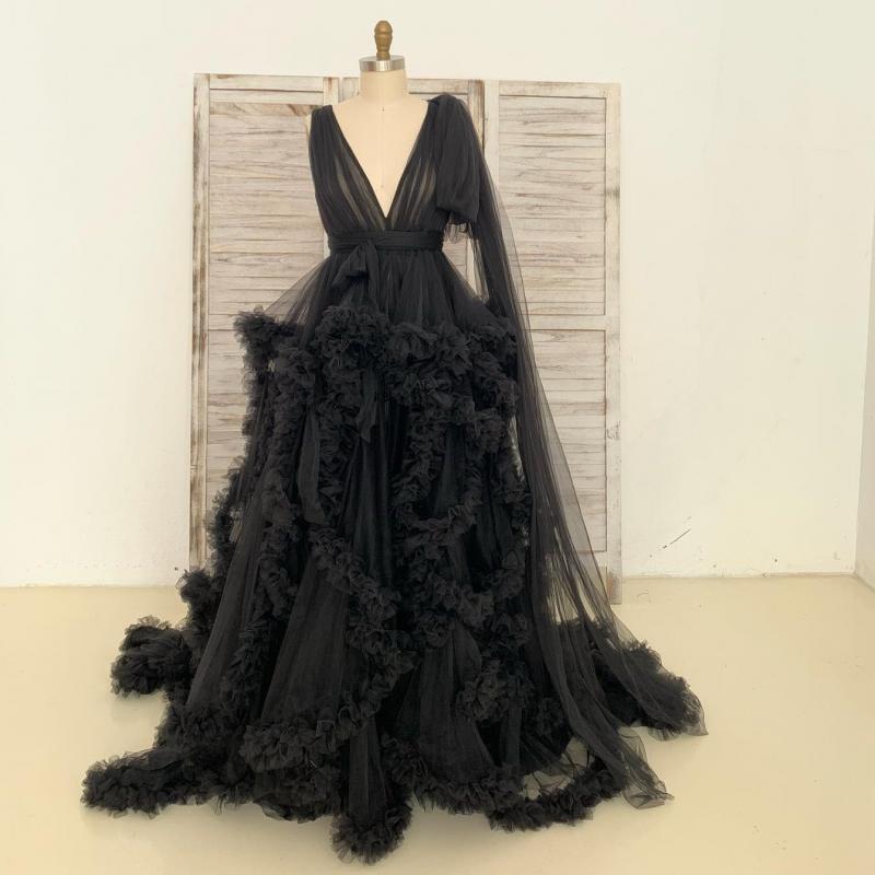 Black Maternity Photography Dresses Tulle Ruffle Pregnancy Shoot Dress Long Women Maxi Maternity Gown Photo Prop
