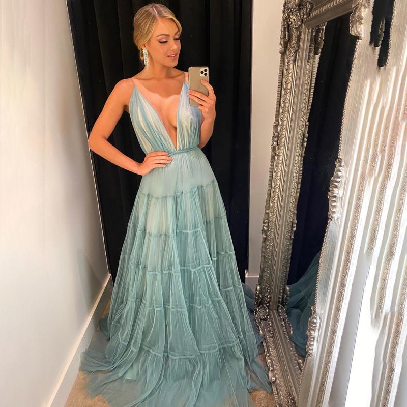 Musetta African Layered Tulle Prom Dresses Plus Size Sexy Deep V Neck Party Dress Tutu Backless Mesh A Line Ruched Evening Gowns