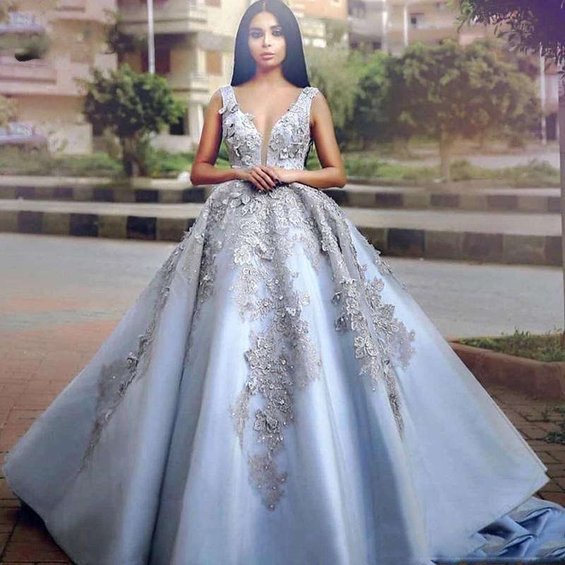 light blue evening dresses 2021 deep v neck lace appliques flowers ball gown long evening dresses gowns