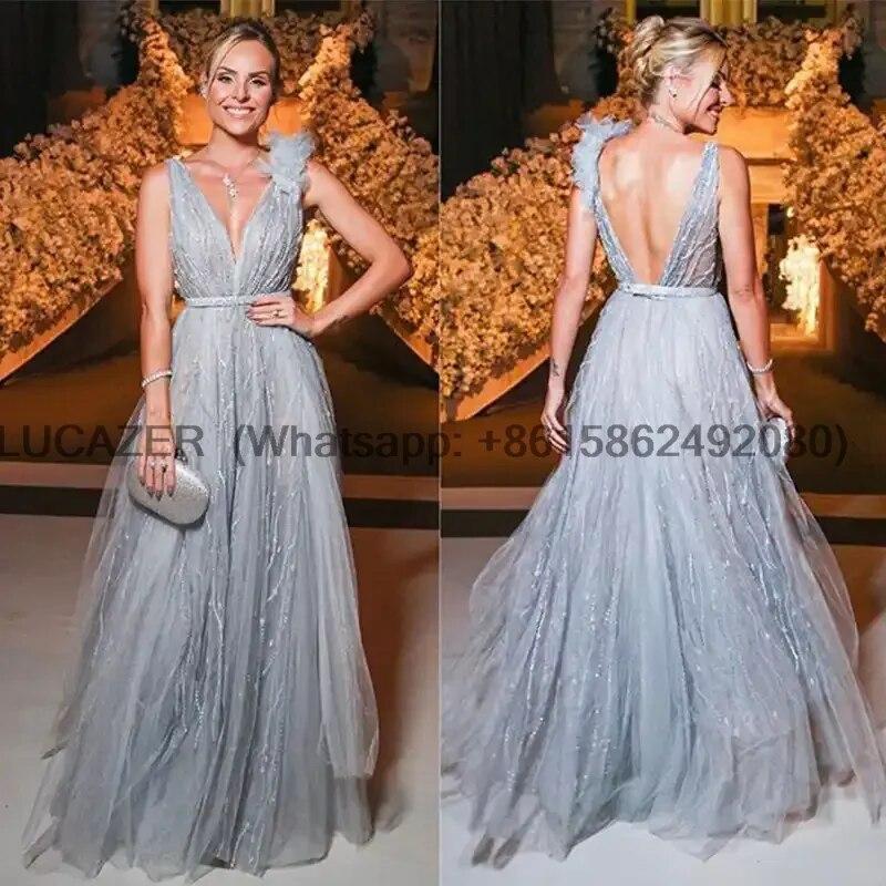 Abendkleider V-neck Tulle Party Gown Evening Dresses Sparkly Sequins Belt Beach Club Silver Prom Dress Vestidos De Noche