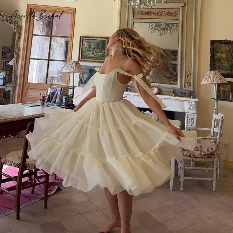 Arietta Pastel Yellow Ruffles Organza Midi Prom Dresses Strapless Bow Straps Tiered Tea-Length A-Line Evening Party Gowns