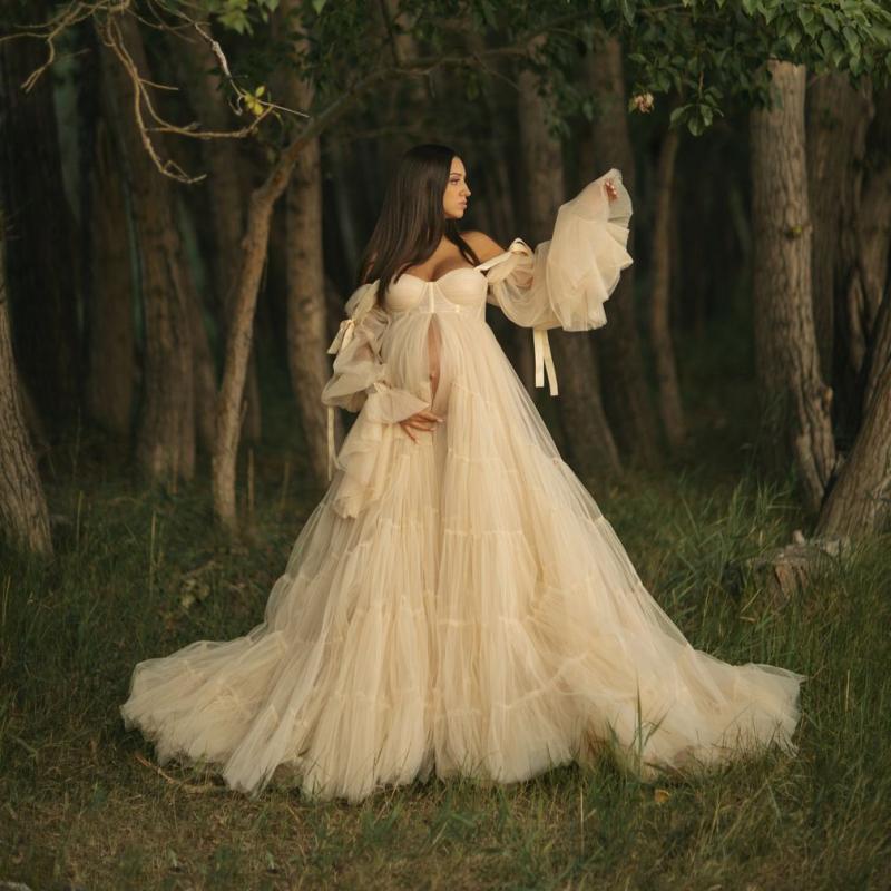 Elegant Champagne Maternity Robe Lace Up Photography A Line Women Prom Dress Outfit Maxi Gown Pregnancy Lantern Sleeve Dress