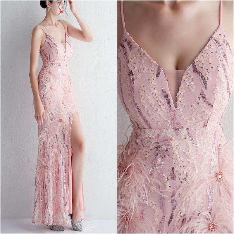 QSYYE Pink Prom Dresses Open Split Sequin Lace Princess Party Gown V neck Spaghetti Straps Ostrich Hair Glitter Dress Evening
