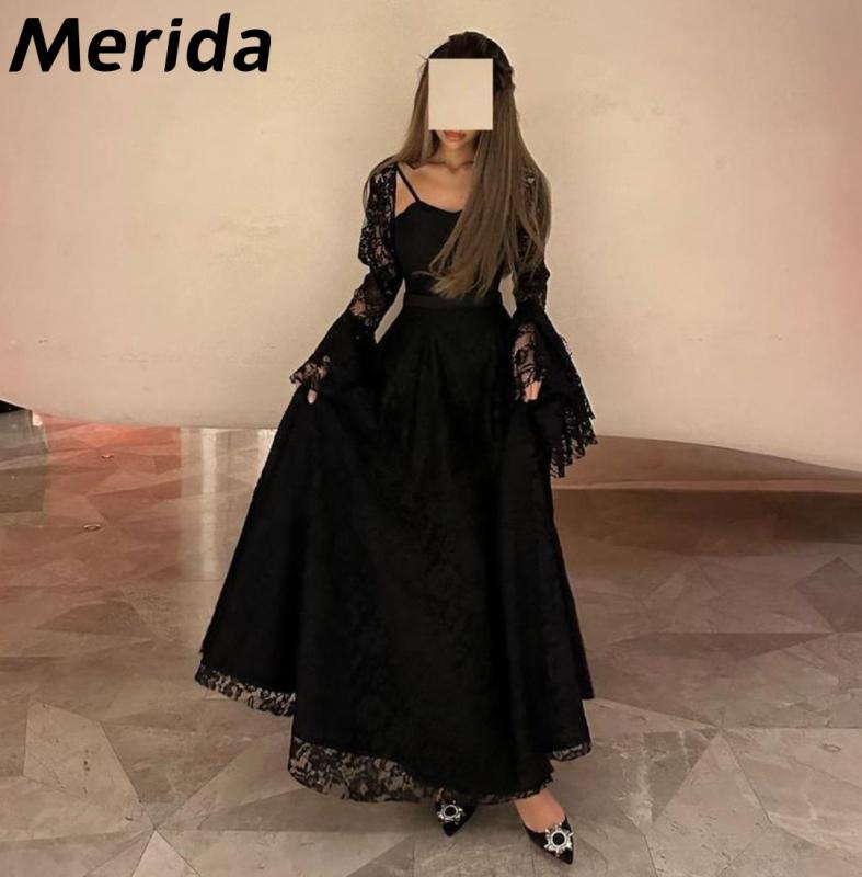 Lace Prom Dresses 2023 Long Flare Sleeves Ankle-Length Spaghetti Straps A-Line Customizable Formal Occasion Dresses Robes De