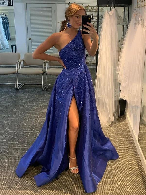 Night Sky Blue A-Line платье на выпускной Princess Satin Beading One-Shoulder Sleeveless Sweep Brush Train Dress For Womens 2023