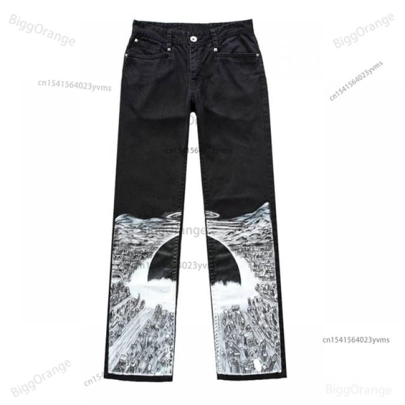 Graphic Print Baggy Jeans Women Clothing High Street Vintage Hip Hop Distressed High Waisted Jeans Casual Wide Leg Jeans Woman