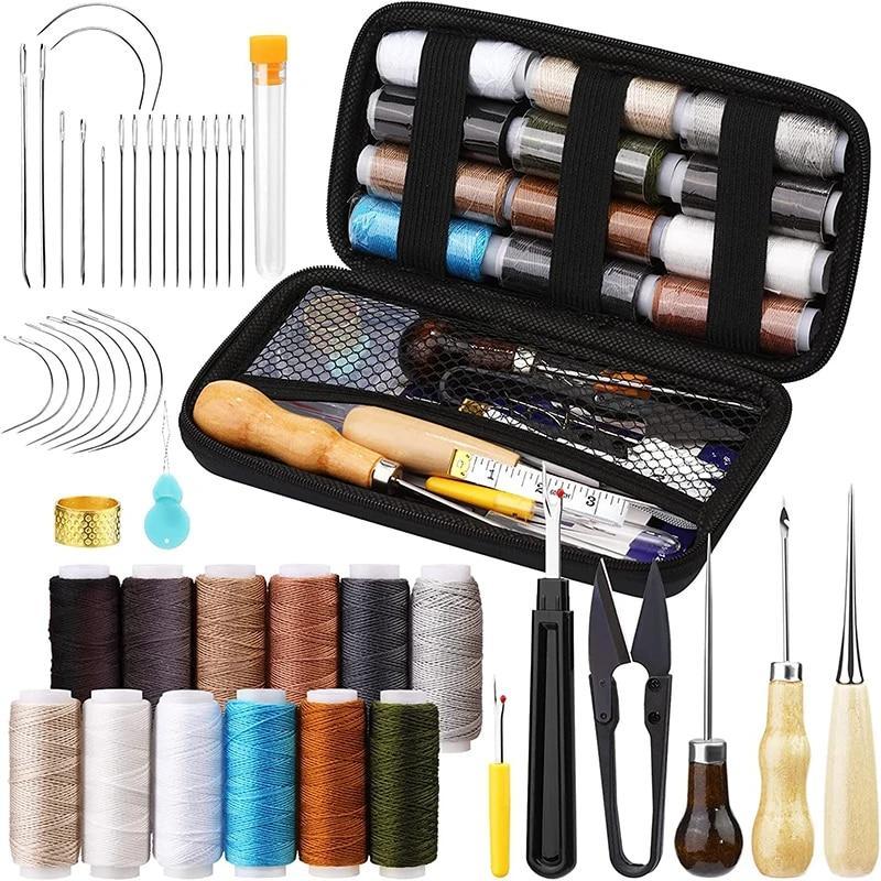 KRABALL Leather Sewing Kit Upholstery Repair Kit with Upholstery Thread Sewing Awl Seam Ripper Needles Thimble for Stitching