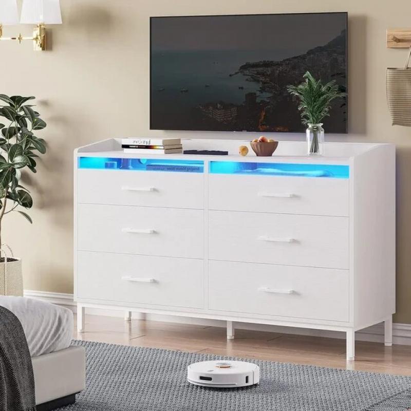 Wide Dresser for Bedroom, 6 Drawer Dresser with LED Lights, Modern Large Capacity Storage Cabinet, Desktop Storage Compartments