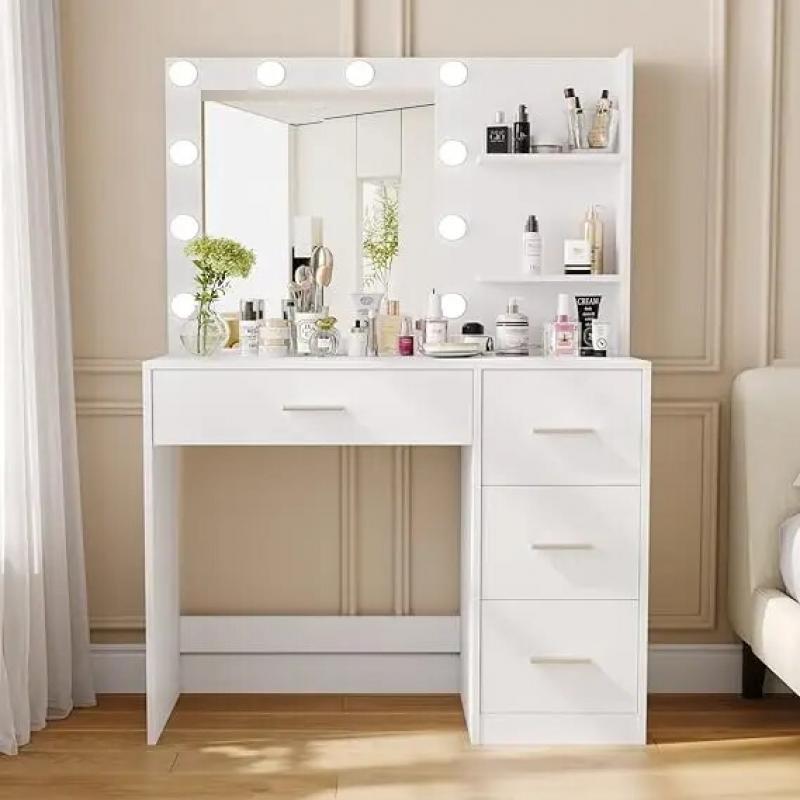 Rovaurx Makeup Vanity Table with Lighted Mirror, Makeup Vanity Desk with Storage Shelf and 4 Drawers, Bedroom Dressing Table,