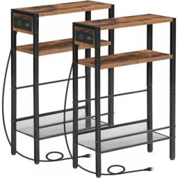HOOBRO Narrow End Table, Set Of 2, Side Table With Charging Station, 3-Tier Nightstand, Bedside Table With Protective Rails