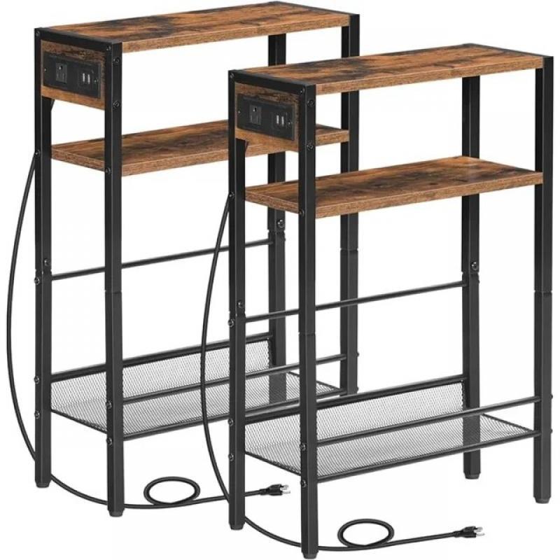 HOOBRO Narrow End Table, Set of 2, Side Table with Charging Station, 3-Tier Nightstand, Bedside Table with Protective Rails