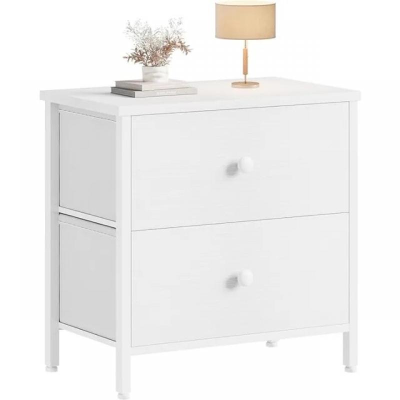 BOLUO White Nightstand 2 Drawer for Bedroom,Small Night Stand with Fabric Drawers End Table Modern