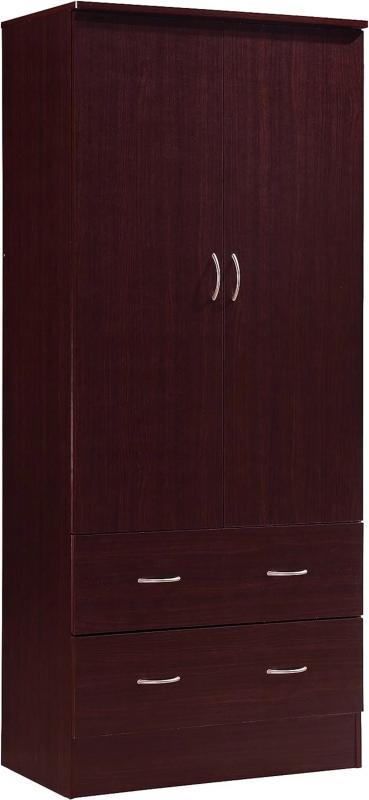 HODEDAH IMPORT Two Door Wardrobe, with Two Drawers, and Hanging Rod, Mahogany
