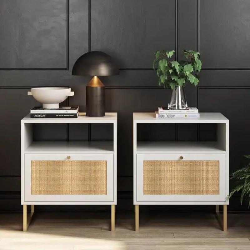 Rattan Wood End Side Accent Table Nightstand with Storage, 1, White/Gold