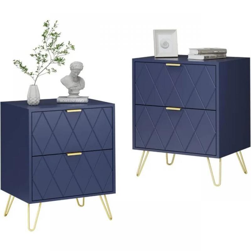 Anbuy Pink Nightstand Set of 2, End Side Table Double, Bedside Table with 2 Drawers, Dual Night Stand Gold Legs for Bedroom