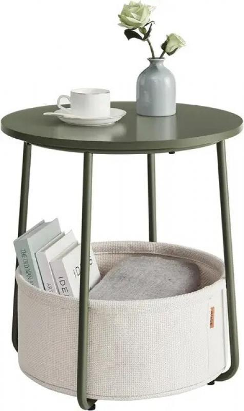 Small Round Side End Table, Modern Nightstand with Fabric Basket, Classic White, Sand Beige, 1 Count