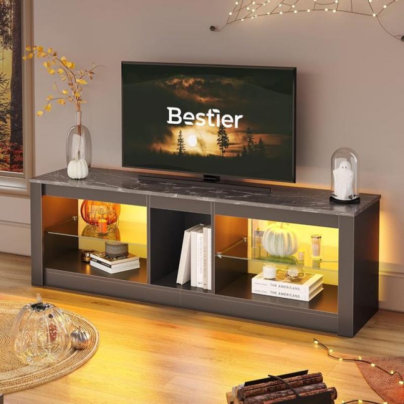 70 Inch Led TV Stand for 75 Inch TV Adjustable Glass Shelves Two Cabinets TV Console for Living Room,Golden Black