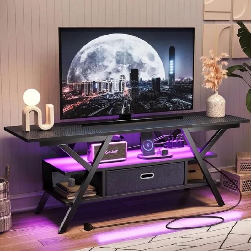 LEDwith Power Outlets Gaming TV Stand for TV Up to 65 Inch 55” TV Game Console for Living Room 20 Dynamic RGB Modes Rtv Cabinet