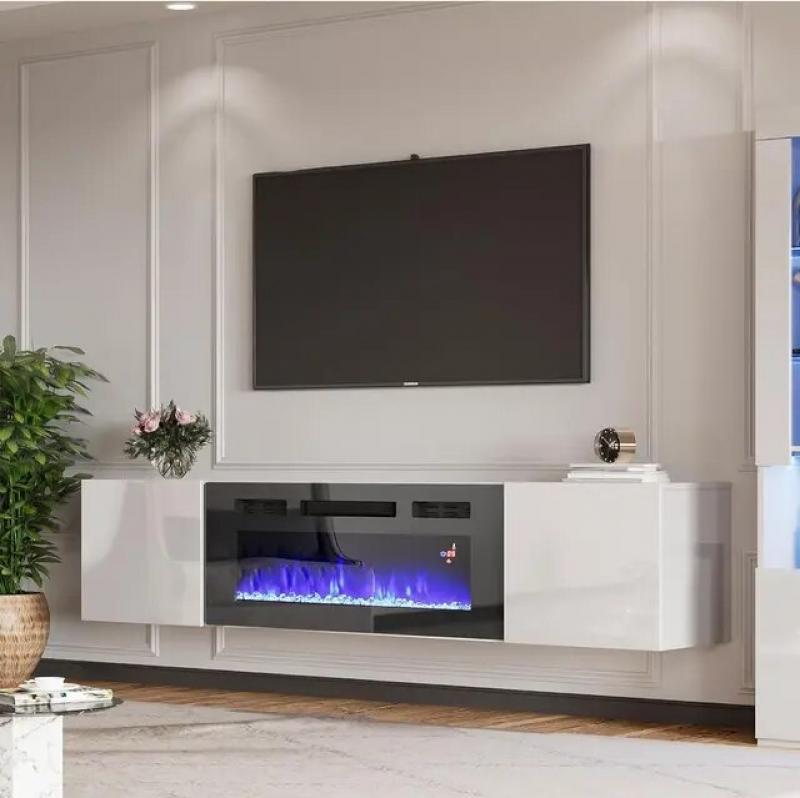 Floating TV Stand High Gloss Finish Wall Mounted Fireplace Entertainment Center with Storage for TVs Up to 78