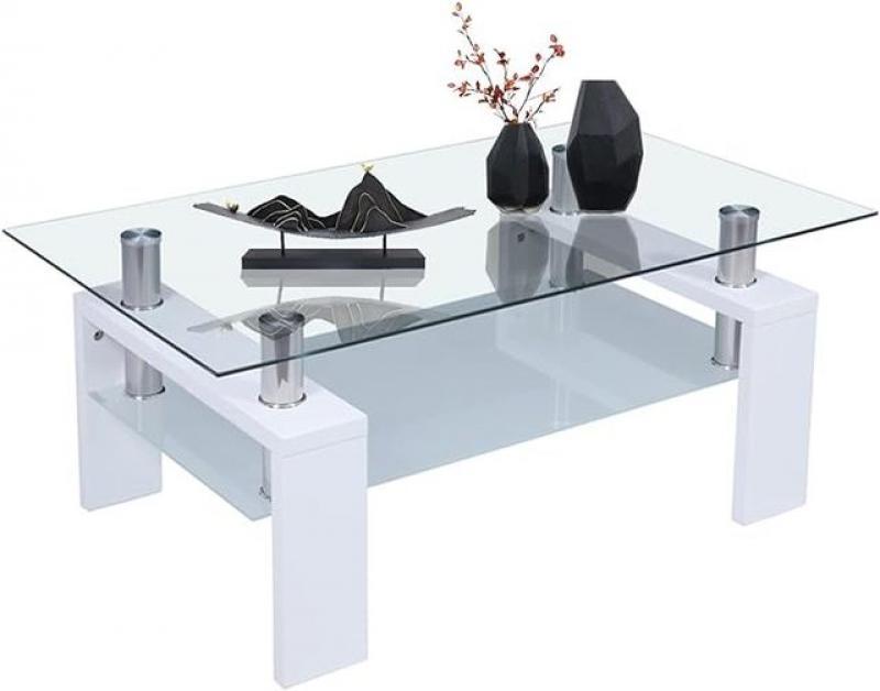 Comft Rectangle Side Glass Coffee Table, 2Tier Center Table Modern Black Side Coffee TableReception Room Office with Lower Shelf