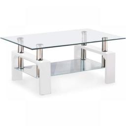 Mecor Rectangle Glass Coffee Table-White Modern Side Coffee Table With Lower Shelf Metal Legs-Suit For Living Room