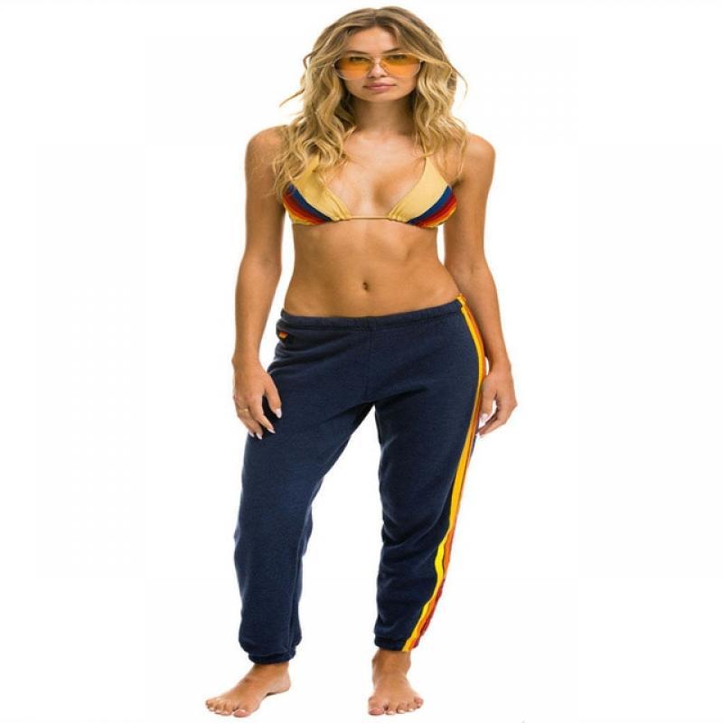 2023 Fashion Europe-USA Style Sweatpants Women/Girl Mid Waist Elastic Band Rainbow Striped Embroidery Ribbon Knit Sport Pants