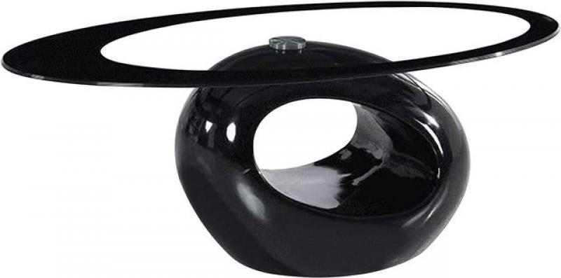 Black Oval Glass Coffee Table with Round Hollow Base-Modern End Side Coffee Table for Home Living Room Furniture