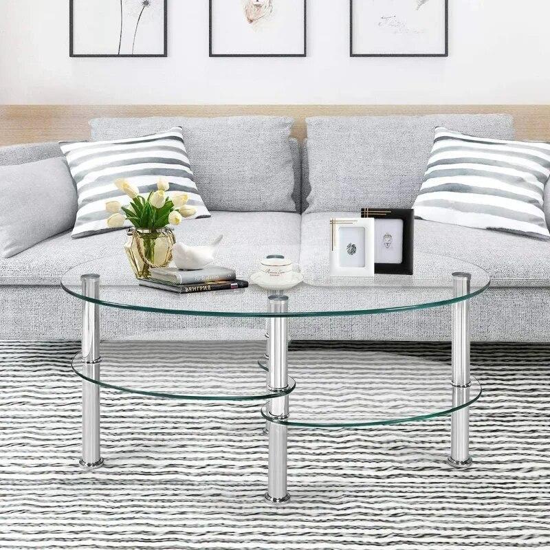 ALPULON Tempered Glass Coffee Table Oval 3-Tier Steel Tea Table for Home Living Room Office coffee table for living room