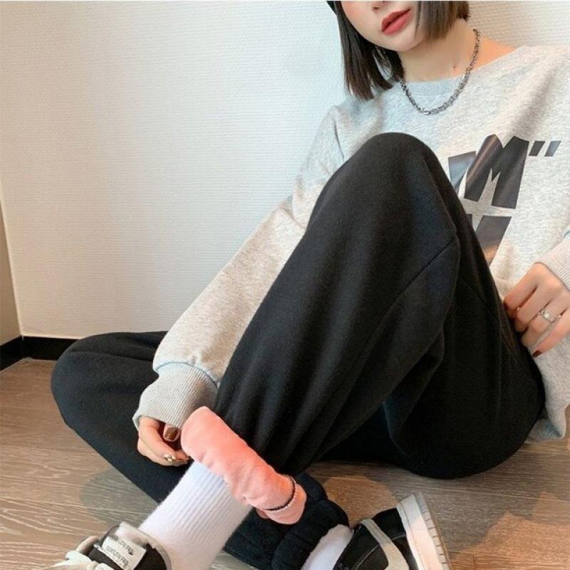 Velvet Sweatpants Women's Fall Winter Lace up Elastic Waist Wide Leg Pants Grey Straight Tube Loose Plush Casual Pants Women