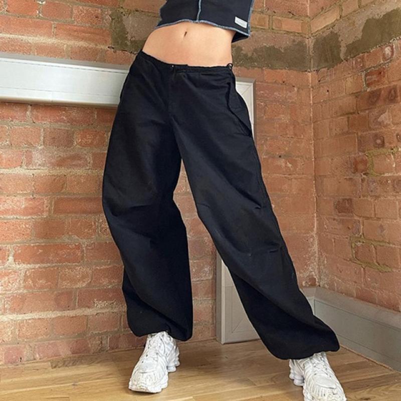 Women Drawstring Cargo Pants 2023 Casual Vintage Solid Color Low Waist Loose Trousers Chic Punk Y2K Baggy Wide Leg Sweatpants