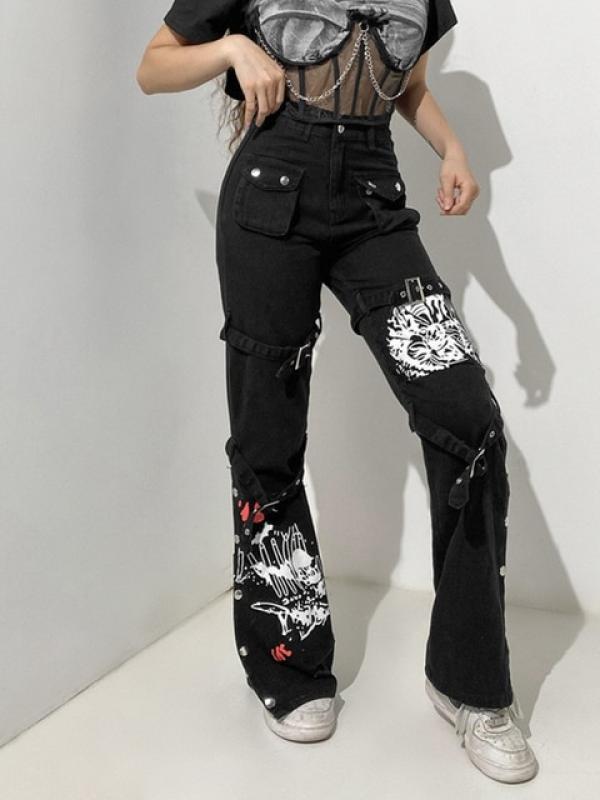 2023 Spring Summer High Street Sexy Print Trousers Women Button High Waist Denim Wide Leg Pants Women Bottoms Y2K Baddie Clothes