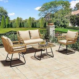 4-Piece Patio Furniture Wicker Outdoor Bistro Set, All-Weather Rattan Conversation Loveseat Chairs For Backyard, Balcon